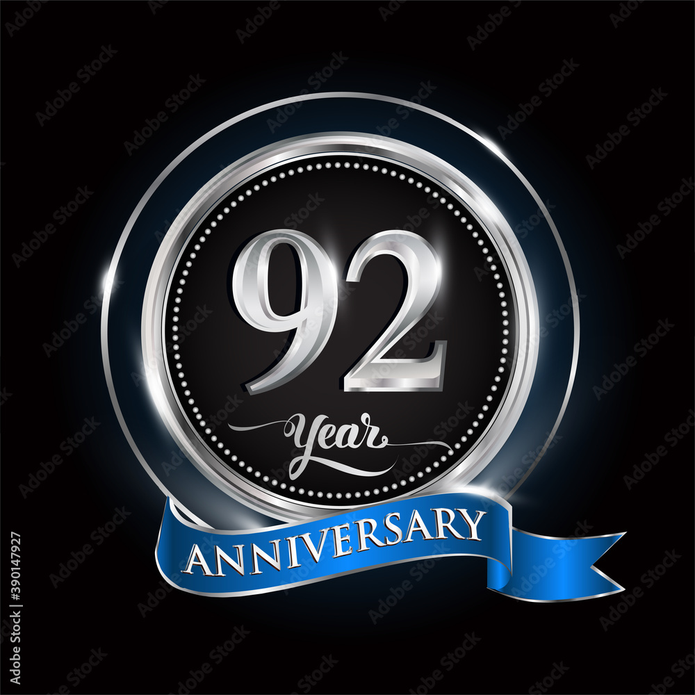 Celebrating 92nd years anniversary logo. with silver ring and blue ribbon. Celebrating 92nd years anniversary logo. with silver ring and blue ribbon.