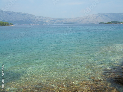 The beautiful Adriatic Sea surrounded by the Dalmatian Mountains, in Korcula, Croatia.