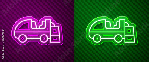 Glowing neon line Ice resurfacer icon isolated on purple and green background. Ice resurfacing machine on rink. Cleaner for ice rink and stadium. Vector.