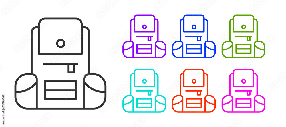 Black line Hiking backpack icon isolated on white background. Camping and mountain exploring backpack. Set icons colorful. Vector. Black line Hiking backpack icon isolated on white background. Camping and mountain exploring backpack. Set icons colorful. Vector.