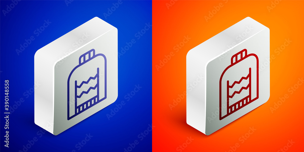 Isometric line Christmas sweater with norwegian ornaments and holidays decorations icon isolated on blue and orange background. Knitted winter jumper. Silver square button. Vector. Isometric line Christmas sweater with norwegian ornaments and holidays decorations icon isolated on blue and orange background. Knitted winter jumper. Silver square button. Vector.