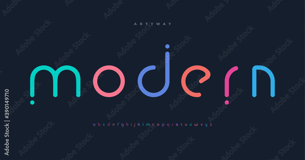Modern colored font for logo on black background. Colorful letters with dots, flat cartoon style vector lowercase alphabet for creative logo, awesome monogram and lettering. - obrazy, fototapety, plakaty 