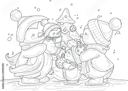 Cartoon penguin family in hats and scarfs decorating tree sketch template. Christmas vector illustration of birds in snow in black and white. Children's story book, fairytail, coloring paper, page