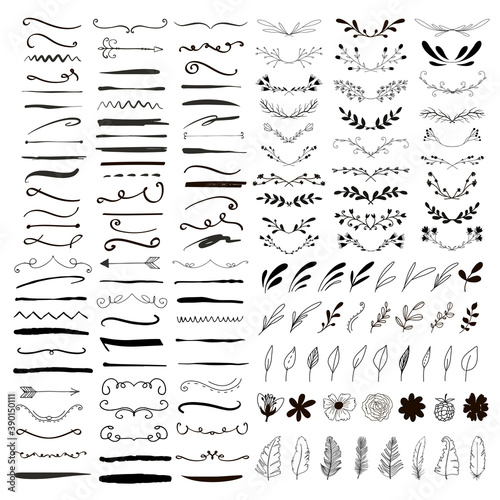 Line borders, text dividers and floral elements. 