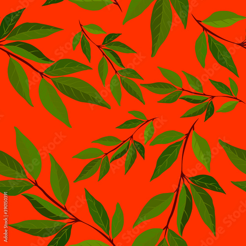 Botanical seamless pattern with leaves. Bright summer or spring print for any purposes. Colorful hand drawn illustration. Vintage natural pattern. Organic background. 