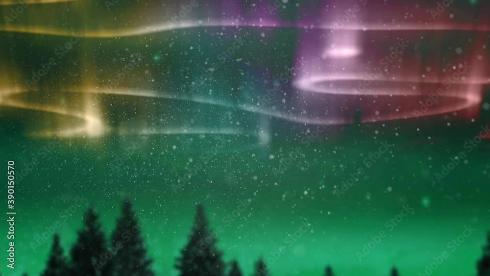 Animation of aurora borealis glowing trails in yellow and pink over landscape and snow falling on gr Animation of aurora borealis glowing trails in yellow and pink over landscape and snow falling on gr