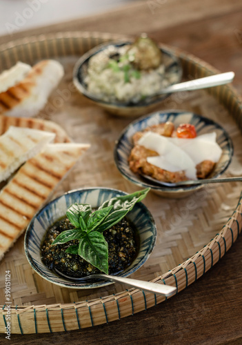 turkish meze vegetarian tapas snack platter on rustic wood table