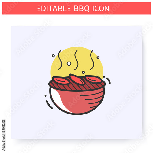 Grilled vegetables color icon. Charcoal barbecue. Opened brazier with vegetables. Backyard picnic concept. Barbecue party or summer camping. Grill cooking.Isolated vector illustration.Editable stroke 