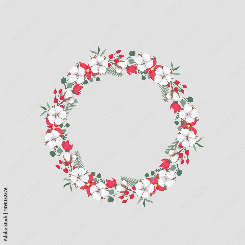 Christmas wreath with winter floral (cotton, poinsettia, branch of berries, leaves and other winter gteenery). Christmas decorative wreath. Winter floral round frame 