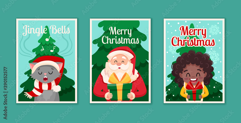 Fototapeta premium Set of three cards Merry Christmas and Happy New Year concept. Cute cartoon characters Santa Claus, happy African black girl and cat. Flat vector illustration