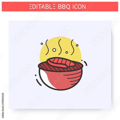 Grilled steak color icon. Charcoal barbecue. Opened brazier with bbq steak. Backyard picnic concept. Barbecue party or summer camping. Grill cooking. Isolated vector illustration. Editable stroke 