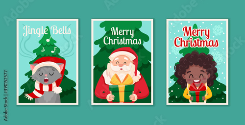 Set of three cards Merry Christmas and Happy New Year concept. Cute cartoon characters Santa Claus, happy African black girl and cat. Flat vector illustration 