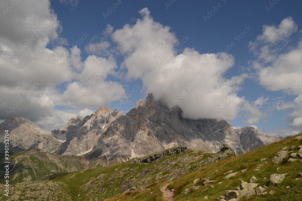 Fototapeta premium Hiking in the beautiful mountains of Val di Fiemme in the Dolomites of Northern Italy, Europe