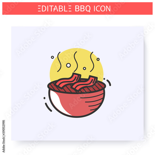 Grilled bacon color icon. Charcoal barbecue. Opened brazier with bacon slices. Backyard picnic concept. Barbecue party or summer camping. Grill cooking. Isolated vector illustration. Editable stroke 