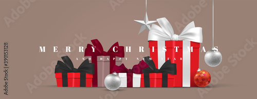 Pile of gift boxes christmas present banner vector. elegant merry Christmas and happy new year 3d realistic background illustration