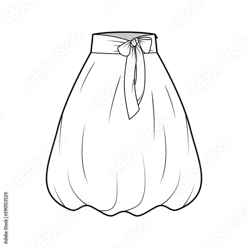 Skirt balloon technical fashion illustration with bow, below-the-knee length silhouette, wide stretch waistband. Flat bottom template front, white color style. Women men unisex CAD mockup