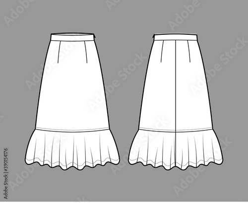 Skirt midi prairie dirndl technical fashion illustration with mid-calf lengths, semi-circular fullness, thick waistband. Flat bottom template front, back white color style. Women men unisex CAD mockup