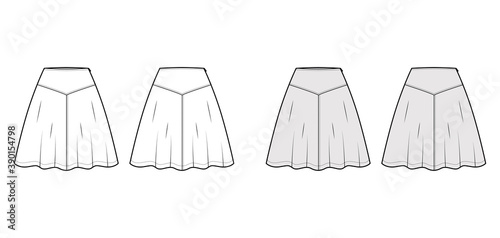 Skirt yoke technical fashion illustration with above-the-knee lengths silhouette, semi-circular fullness. Flat bottom template front, back, white grey color style. Women men unisex CAD mockup