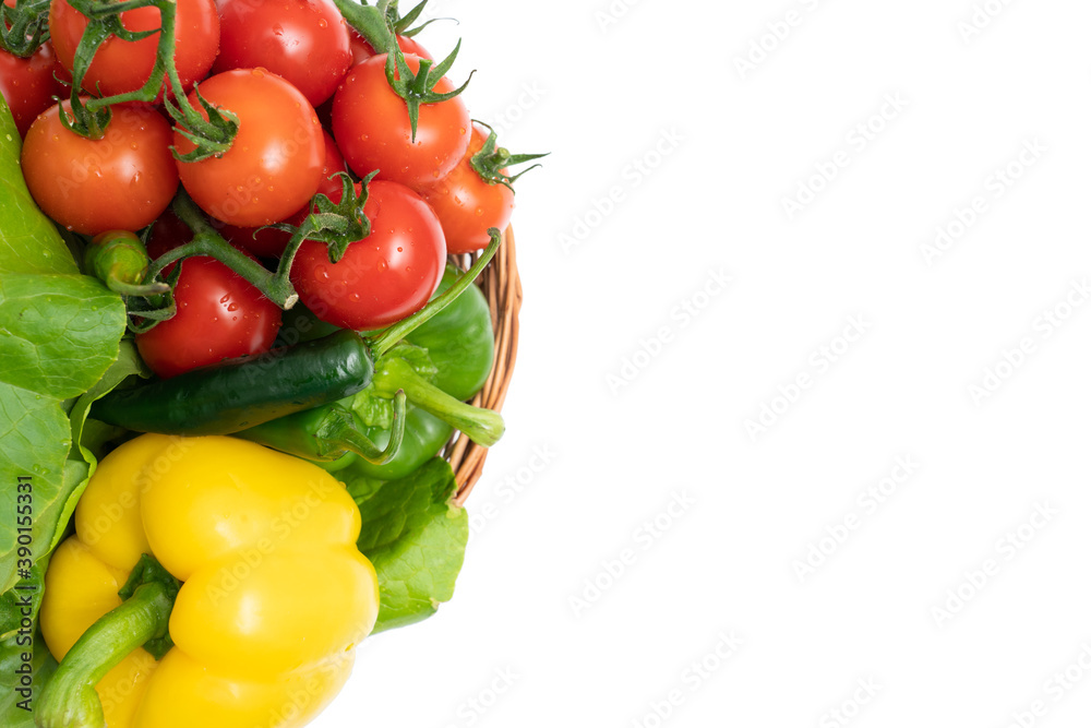 Close-up of basket with vegetables on white background Close-up of basket with vegetables on white background
