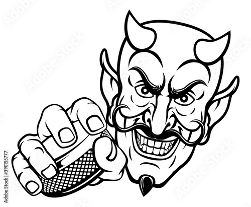 A devil or satan ice hockey sports mascot cartoon character holding a puck