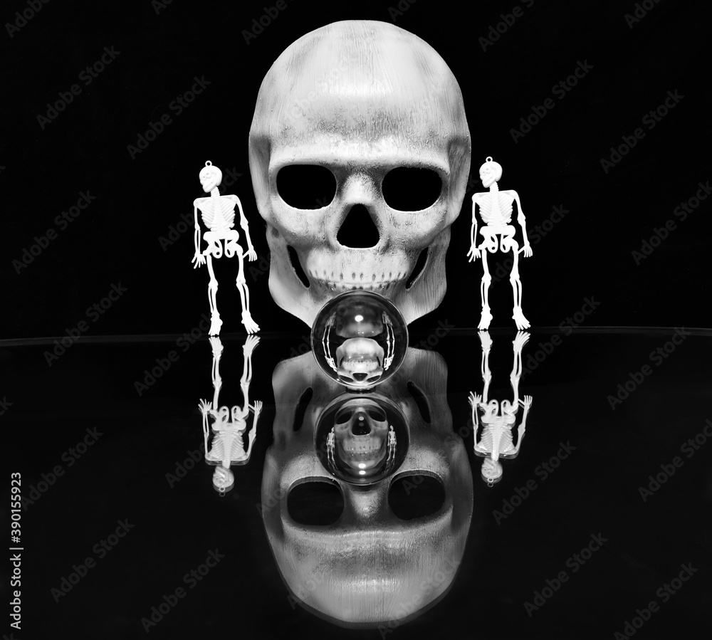 skull and skeletons of people and animals on a black background as an  attribute of the holiday of the change of all the dead Stock-Foto | Adobe  Stock