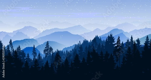 Snowy mountain landscape. Pine forest vector silhouette. Winter holiday background with Christmas trees. Natural footage with blue silhouette of evergreen coniferous trees, spruce for website design. 