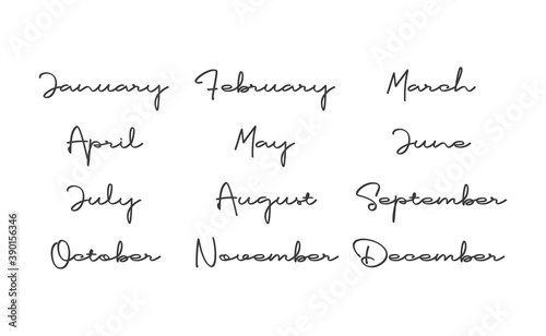 Handwritten names of months: December, January, February, March, April, May, June, July, August, September, October, November. Calligraphy words for calendars and organizers.
