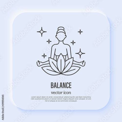 Young girl in lotus pose. Meditation symbol, inner balance, yoga school. Thin line icon. Vector illustration.