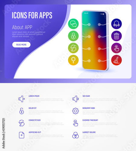 Infographics for mobile app development. Thin line icons: messenger, sound off, sound on, music, lock, unlock, settings, remove, swipe, click, tap, search, add new document. Vector illustration.