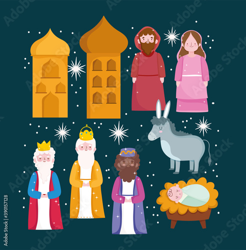 nativity, manger icons mary, joseph, three kings, baby and donkey cartoon