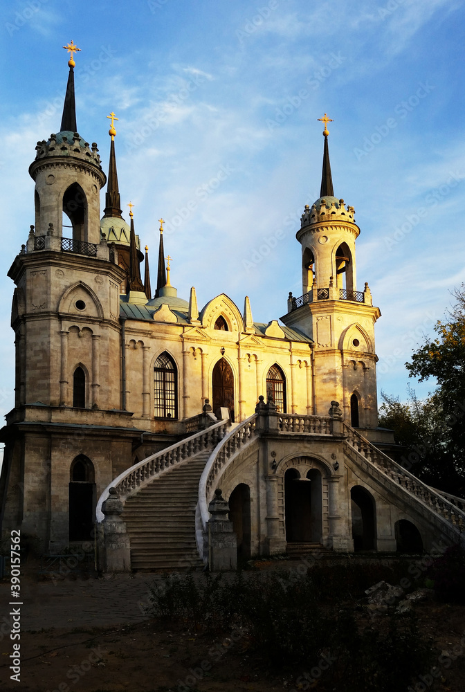 Church of the Vladimir icon of the mother of God in the Bykovo estate. View of the Church at sunset in autumn. Church of the Vladimir icon of the mother of God in the Bykovo estate. View of the Church at sunset in autumn.