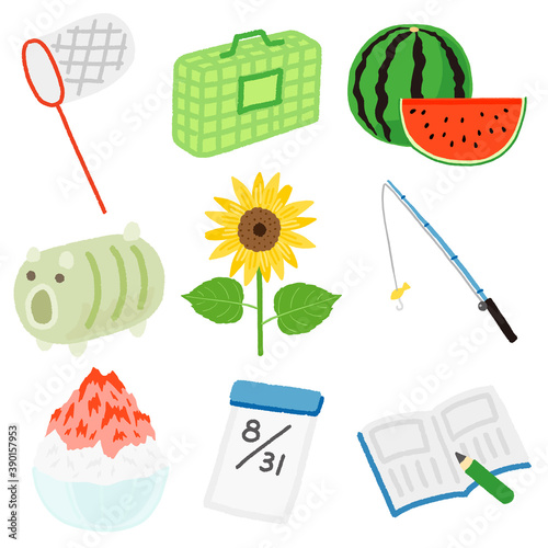 夏休みのアイコンセット　虫取り、宿題、釣り