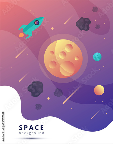 bright hand drawn vector illustration with a rocket flying in space