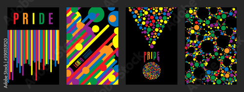 Lgbtq rainbow flag freedom community, pride pattern on black background, colorful cover illustration.