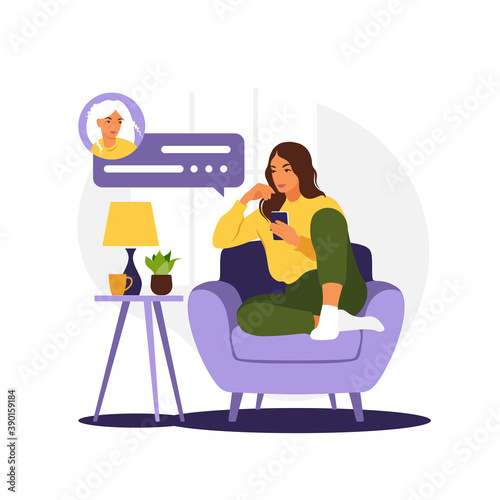 Woman sitting on sofa with phone. Working in phone. Freelance, online education or social media concept. Flat style. Vector illustration isolated on white.