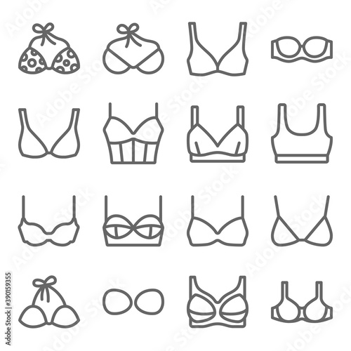 Bra Panty icon illustration vector set. Contains such icon as underwear, breast, bikini, sports bra, corset, brassiere, bustiers and more. Expanded Stroke