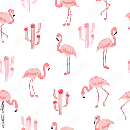 Seamless pattern with pink flamingo bird and cactus. © Afanasia