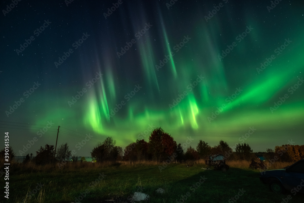 Polar Lights over Lake Onega in Karelia. Russia. September 2020.