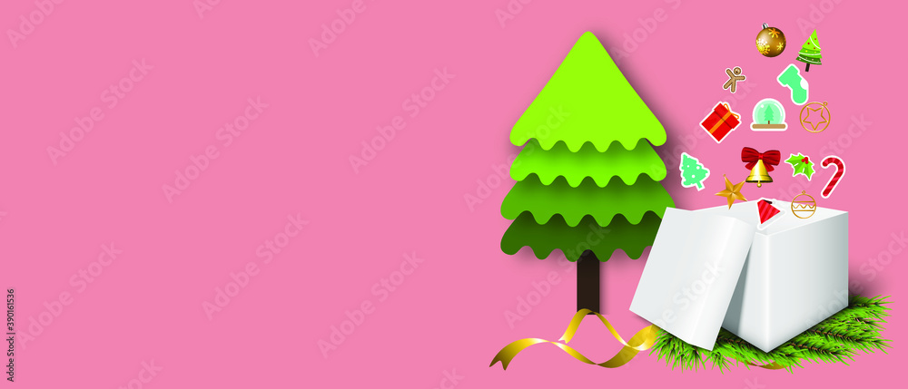 Vector illustration of Christmas and happy new year on pink background for text. Colorful design.