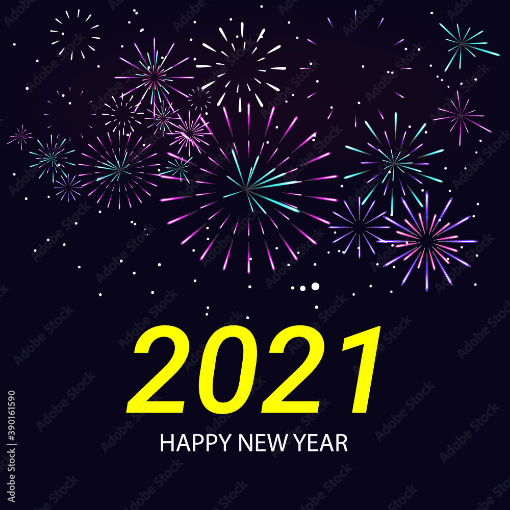 Happy New Year illustration with Fireworks black Background. Holiday symbol template. Greeting card design template.