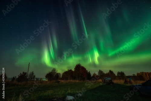 Polar Lights over Lake Onega in Karelia. Russia. September 2020.