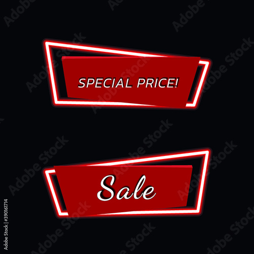 Special Price Sale labels. Set of geometric neon vector banners. Glossy plastic material style. Origami paper.