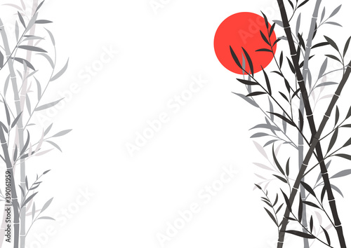 Sumi-e, u-sin or go-hua oriental art stylization of ink painting. Vector bamboo background with red moon, ink bamboo stems and leaves. Isolated on white, place for text, copyspace.