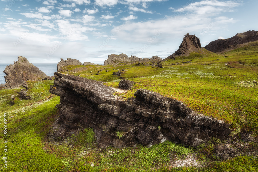 The rocks of Cape Kekursky on the Rybachy peninsula. Russia, Murmansk region