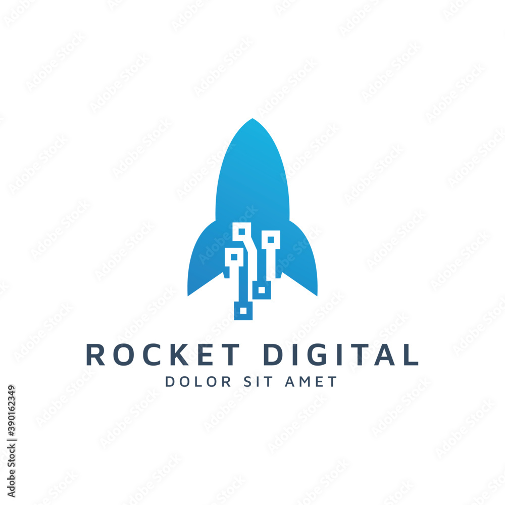 rocket and digital negative space logo design