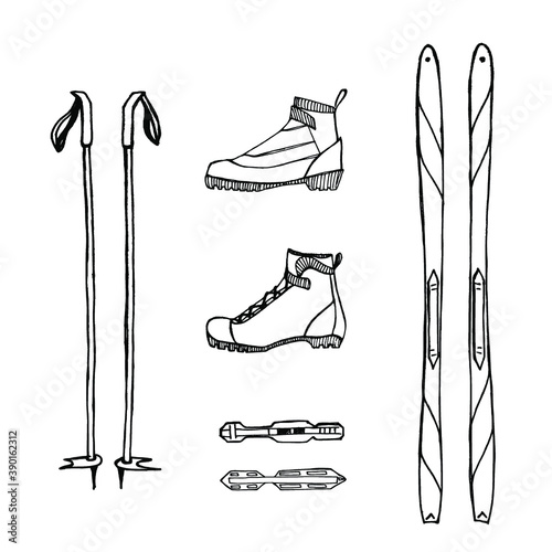 Winter sports equipment and wear/ Cross-country ski gear icons in sketchy style/ Hand drawn vector illustration