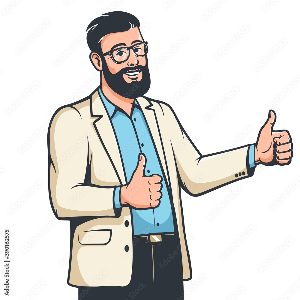 Bearded businessman in glasses with like gesture. Smiling Man in suit thumb up. Vector illustration. Bearded businessman in glasses with like gesture. Smiling Man in suit thumb up. Vector illustration.