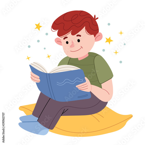 A little boy is sitting on a pillow and reading a book.The child loves to read. A fairy tale before bedtime. An interested boy. Knowledge from childhood. Illustration for children's book. Cute Poster.