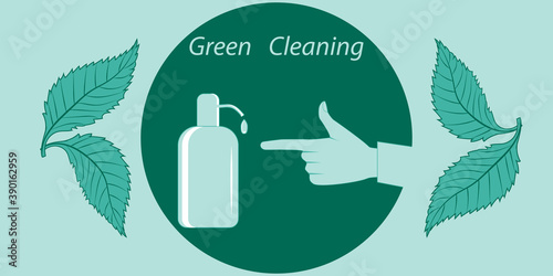 Green ecological cleaning. Index finger pointing to the dosimeter - mint tones, vector. Eco natural cleaning products. Zero waste lifestyle.