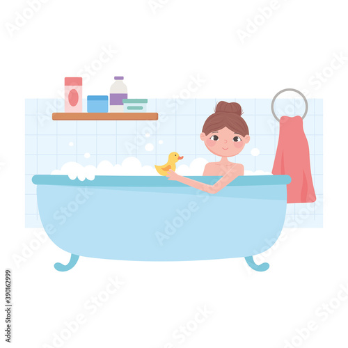 daily routine scene, relaxing woman in bathtub with duck cartoon